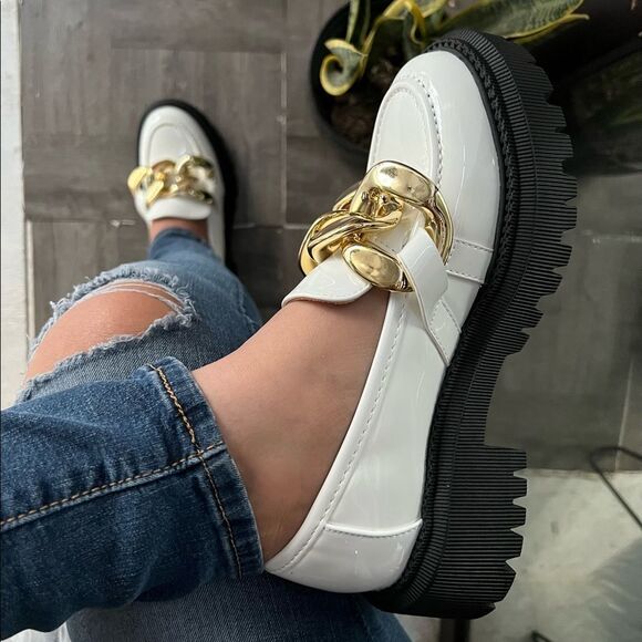White Chain Strap Platform Loafers - Picture 3 of 11